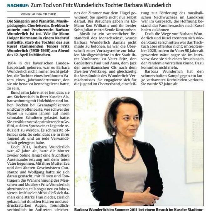 Fritz Wunderlichs Tochter Barbara Wunderlich verstorben