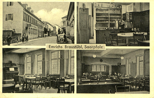 Alte Postkarte mit 4 Ansichten des Geburtshauses