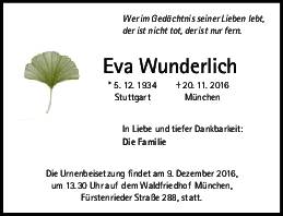 Gedächtnisanzeige Eva Wunderlich